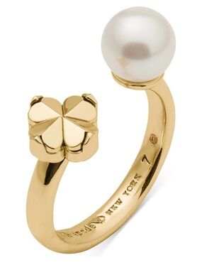 Kate Spade Gold Pearl Open Ring with Clover Motif - White Pearl size 7